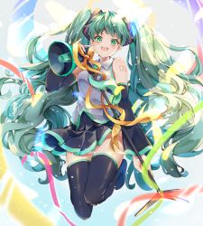 Rule 34 | 1girl, :d, amane tari, bare shoulders, black skirt, black sleeves, black thighhighs, blush, breasts, collared shirt, commentary request, detached sleeves, full body, green eyes, green hair, grey shirt, hair ornament, hand up, hatsune miku, highres, long hair, long sleeves, looking at viewer, megaphone, open mouth, pleated skirt, ribbon, shirt, skirt, sleeveless, sleeveless shirt, small breasts, smile, solo, teeth, thighhighs, twintails, upper teeth only, very long hair, vocaloid, yellow ribbon