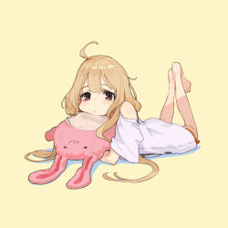 Rule 34 | 1girl, ahoge, barefoot, blonde hair, blush, brown eyes, closed mouth, commentary request, expressionless, feet together, futaba anzu, highres, holding, holding stuffed toy, idolmaster, idolmaster cinderella girls, knees apart feet together, legs up, long hair, looking at viewer, low twintails, lying, messy hair, hugging object, on stomach, oversized clothes, rabbit, shirt, short sleeves, shorts, simple background, solo, stuffed animal, stuffed rabbit, stuffed toy, t-shirt, twintails, very long hair, wide sleeves, yuu (higashi no penguin)