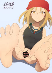 Rule 34 | 1girl, anus, bandana, bar censor, barefoot, bead necklace, beads, black dress, blonde hair, bottomless, censored, dress, feet, highres, jewelry, kyouyama anna, long hair, looking at viewer, necklace, pussy, pussy juice, shaman king, signal dead, simple background, sitting, spread legs, spread pussy, yellow eyes
