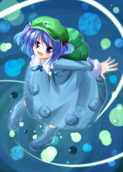 Rule 34 | 1girl, :d, backpack, bag, blue dress, blue eyes, blue hair, collar, dress, female focus, from above, full body, hair bobbles, hair ornament, kawashiro nitori, long sleeves, looking at viewer, makino (ukiuo), matching hair/eyes, open mouth, pocket, smile, solo, standing, touhou, two side up