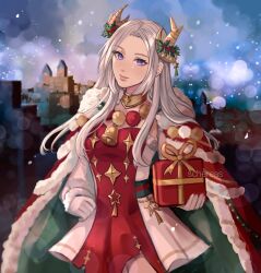 Rule 34 | 1girl, blue sky, cape, castle, christmas, closed mouth, commentary, edelgard von hresvelg, edelgard von hresvelg (snowfall future), eyelashes, fire emblem, fire emblem: three houses, fire emblem heroes, fur-trimmed cape, fur trim, gift, gloves, green cape, highres, holding, holding gift, jewelry, long hair, looking at viewer, neck ring, nintendo, official alternate costume, purple eyes, red cape, schereas, sky, solo, two-sided cape, two-sided fabric, two-tone cape, white gloves, white hair
