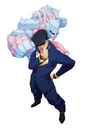 Rule 34 | 1boy, anchor (symbol), chamba, clenched hands, crazy diamond, diamond is not crash, from above, full body, gakuran, hair over one eye, hand on another&#039;s chin, hand on own hip, heart, higashikata josuke, jojo no kimyou na bouken, male focus, peace symbol, pompadour, school uniform, simple background, stand (jojo), standing, transparent background