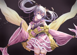 Rule 34 | 1girl, arm at side, bridal gauntlets, brown background, closed mouth, cowboy shot, detached sleeves, frilled kimono, frills, furisode, grey hair, hair ribbon, hand up, head tilt, japanese clothes, kimono, kimono skirt, long hair, looking at viewer, magia record: mahou shoujo madoka magica gaiden, magical girl, mahou shoujo madoka magica, purple eyes, purple kimono, purple ribbon, purple scarf, ribbon, riri (ririwaldorf), scarf, short kimono, short sleeves, sidelocks, smile, solo, sparkle, thighhighs, tokime shizuka, twintails, wide sleeves, yellow ribbon