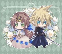 Rule 34 | 1boy, 1girl, aerith gainsborough, aerith gainsborough (prism dress), aqua eyes, arestear0701, armor, black footwear, black gloves, blonde hair, blue eyes, blue flower, blue ribbon, blue rose, bridal gauntlets, brown hair, chibi, cloud strife, cloud strife (murasame), dress, dress flower, final fantasy, final fantasy vii, final fantasy vii ever crisis, final fantasy vii remake, floral background, flower, furrowed brow, gloves, gold trim, green background, green eyes, hair between eyes, hair flower, hair ornament, hair ribbon, hakama, highres, holding, holding sword, holding weapon, japanese armor, japanese clothes, katana, long dress, official alternate costume, own hands together, parted bangs, ponytail, ribbon, rose, see-through, see-through sleeves, short hair, shoulder armor, smile, spiked hair, standing, sword, tiara, v arms, weapon, white dress, white flower, white sleeves