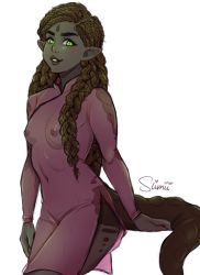 Rule 34 | 1girl, braid, brown hair, chinese clothes, cowboy shot, dress, green eyes, grey background, highres, long hair, long sleeves, original, parted lips, pointy ears, see-through, see-through dress, simple background, slimii, smile, solo, tail, teeth