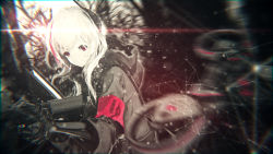 Rule 34 | 1girl, absurdres, assault rifle, bad id, bad pixiv id, blurry, chromatic aberration, closed mouth, depth of field, dutch angle, eotech, girls&#039; frontline, gun, highres, holding, holding gun, holding weapon, hood, hooded jacket, jacket, lens flare, long hair, looking at viewer, m4 carbine, m4 sopmod ii (girls&#039; frontline), mienthoa, military, military uniform, multicolored hair, purple eyes, purple hair, rifle, solo, streaked hair, uniform, weapon, white hair