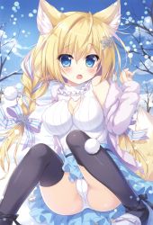 Rule 34 | 1girl, :o, absurdres, ameto yuki, animal ear fluff, animal ears, ankle lace-up, bare shoulders, bare tree, black footwear, black thighhighs, blonde hair, blue eyes, blue skirt, blue sky, blush, bow, bow panties, braid, breasts, cameltoe, cleavage, cleavage cutout, clothing cutout, cloud, cross-laced footwear, day, dog ears, dog girl, dog tail, fingernails, hair between eyes, hair ornament, high heels, highres, jacket, large breasts, long hair, long sleeves, looking at viewer, low twintails, melonbooks, off shoulder, open mouth, outdoors, panties, pink jacket, pom pom (cheerleading), scan, shirt, sidelocks, sitting, skirt, sky, sleeveless, sleeveless shirt, snow, snowflake hair ornament, solo, tail, thighhighs, tree, twin braids, twintails, underwear, very long hair, white panties, white shirt