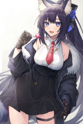 Rule 34 | 1girl, :d, animal ears, bad id, bad pixiv id, bare shoulders, black gloves, black jacket, black skirt, blue bow, bow, breasts, candy, collared shirt, commentary, coyucom, fang, food, fox ears, fox girl, fox tail, fur-trimmed jacket, fur trim, gloves, gradient background, grey background, hair bow, hand up, high ponytail, holding, holding candy, holding food, holding lollipop, jacket, lace, lace gloves, lollipop, long hair, long sleeves, looking at viewer, medium breasts, necktie, off shoulder, open clothes, open jacket, open mouth, original, pleated skirt, ponytail, purple eyes, purple hair, red necktie, shirt, short necktie, skirt, sleeveless, sleeveless shirt, sleeves past wrists, smile, solo, striped, striped bow, symbol-only commentary, tail, thigh strap, very long hair, white background, white shirt