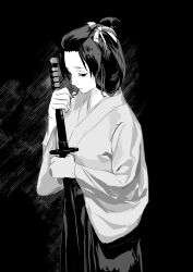 Rule 34 | 1girl, absurdres, ace attorney, bangs pinned back, black background, chinese commentary, closed mouth, commentary request, greyscale, hair ribbon, hair rings, hakama, hakama skirt, half-closed eyes, highres, holding, holding sword, holding weapon, japanese clothes, katana, kimono, long sleeves, looking down, monochrome, ribbon, short hair, skirt, solo, standing, susato mikotoba, sword, the great ace attorney, the great ace attorney: adventures, updo, weapon, wide sleeves, yuki-kajiura