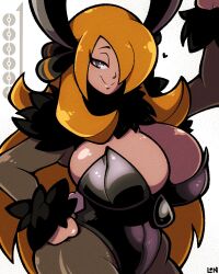 Rule 34 | 1girl, arm up, black leotard, black pantyhose, blonde hair, breasts, cleavage, creatures (company), cynthia (pokemon), eyelashes, female focus, fur-trimmed collar, fur trim, game freak, grey eyes, hair over one eye, half-closed eyes, hand on own hip, heart, highres, huge breasts, legendofnerd, leotard, long hair, long sleeves, looking at viewer, nintendo, pantyhose, playboy bunny, poke ball symbol, pokemon, pokemon dppt, rabbit ears, shiny clothes, shiny skin, smile, solo, standing, white background, wide hips
