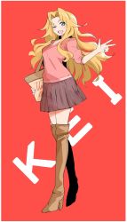 Rule 34 | 10s, 1girl, ;d, text background, bag, blonde hair, blue eyes, boots, brown footwear, carrying, casual, character name, commentary request, full body, girls und panzer, hair intakes, handbag, high heel boots, high heels, highres, hoshikawa (hoshikawa gusuku), kay (girls und panzer), long hair, long sleeves, looking at viewer, miniskirt, one eye closed, open mouth, pink shirt, pink skirt, pleated skirt, red background, shirt, simple background, skirt, smile, solo, standing, thigh boots, thighhighs, v-neck, w