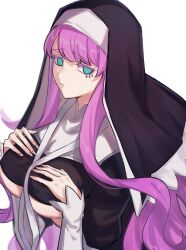 Rule 34 | 1girl, :&lt;, absurdres, aoki shizumi, aqua eyes, breast suppress, breasts, empty eyes, hands on own chest, highres, large breasts, long hair, mahou shoujo ni akogarete, nun, pink hair, sideways glance, simple background, sister gigant, solo, thick eyebrows, underboob, upper body, wavy hair, white background