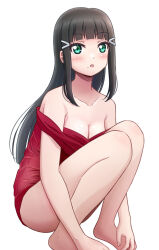 1girl akihitohappy black_hair blunt_bangs blush breasts cleavage collarbone commentary_request dress green_eyes highres kurosawa_dia long_hair looking_at_viewer love_live! love_live!_sunshine!! medium_breasts mole mole_under_mouth off-shoulder_dress off_shoulder open_mouth red_shirt shirt sidelocks solo squatting white_background