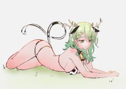 Rule 34 | 1girl, absurdres, animal ears, animal print, antlers, arm support, ass, bell, bikini, braid, breasts, ceres fauna, cleavage, closed mouth, commentary request, cow ears, cow horns, cow print, cow print bikini, cow tail, cowbell, grass, hair ornament, highres, hololive, hololive english, horns, large breasts, long hair, lying, navel, on stomach, print bikini, simple background, smile, solo, swimsuit, tail, thighs, uve, virtual youtuber, yellow eyes