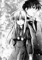 Rule 34 | 00s, 1boy, 1girl, blush, dress, expressionless, glasses, greyscale, kohuseigetsu, len (tsukihime), long sleeves, looking at viewer, melty blood, monochrome, pointy ears, pom pom (clothes), rimless eyewear, shaded face, sidelocks, tohno shiki, tsukihime, type-moon