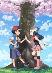 Rule 34 | 1boy, 1girl, ash ketchum, baseball cap, beanie, black hair, blue jacket, boots, cloud, commentary, commission, creatures (company), dawn (pokemon), day, from side, game freak, grass, grin, hat, highres, jacket, nintendo, outdoors, over-kneehighs, petals, pink footwear, pink scarf, pixiv commission, pokemon, pokemon (anime), pokemon dppt (anime), pokemon journeys, red headwear, scarf, shirt, shoes, short hair, short sleeves, shorts, sky, sleeveless, sleeveless jacket, smile, standing, suitenan, t-shirt, teeth, thighhighs, tree, white headwear, white shirt