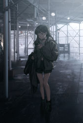 Rule 34 | 1girl, black footwear, black hair, black shorts, boots, brown eyes, brown jacket, building, cigarette, closed mouth, earrings, expressionless, highres, holding, holding cigarette, holding clothes, holding jacket, jacket, jewelry, long hair, long sleeves, looking at viewer, nail polish, original, scaffolding, scenery, shorts, solo, standing, wang-xi