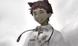 Rule 34 | 1boy, absurdres, animal ears, arknights, blood, blood on clothes, blood on face, brown hair, closed eyes, commentary request, crying, dark-skinned male, dark skin, dog ears, fangs, five-fall, highres, male focus, material growth, miarow (arknights), open mouth, oripathy lesion (arknights), shirt, simple background, smile, solo, stethoscope, upper body, white shirt, wing collar