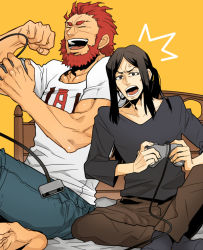 Rule 34 | 2boys, aged up, barefoot, black hair, casual, cheekbones, controller, denim, fate/stay night, fate/zero, fate (series), game controller, iskandar (fate), jeans, long hair, lord el-melloi ii, male focus, multiple boys, pants, parted bangs, playing, playing games, quyo94, red hair, shirt, short hair, socks, t-shirt, time paradox, video game, waver velvet