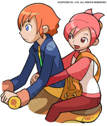 Rule 34 | 1boy, 1girl, artist request, backpack, bad link, bag, blue collar, blue eyes, blue jacket, blue sleeves, brown eyes, brown pants, capcom, character request, clothing cutout, collar, collared jacket, driving, english text, frown, hair between eyes, half updo, hug, hug from behind, jacket, layered sleeves, leg cutout, looking at another, motor vehicle, official art, on scooter, open mouth, orange hair, orange wrist cuffs, pants, pink hair, pink sleeves, pink stripes, red pants, red pocket, red sleeves, scooter, shirt, short hair, simple background, single stripe, sitting, smile, startling adventures, toon (style), two-tone shirt, upper body, watermark, white background, yellow shirt