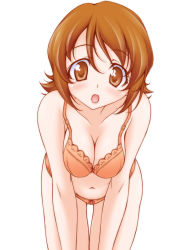 Rule 34 | 1girl, :o, blush, bow, bow panties, bra, breasts, brown eyes, brown hair, cleavage, collarbone, happinesscharge precure!, head tilt, kikuchi tsutomu, lace, lace-trimmed bra, lace trim, leaning forward, light blush, looking at viewer, medium breasts, medium hair, oomori yuuko, open mouth, orange bra, orange panties, panties, precure, simple background, solo, standing, thigh gap, thighs, underwear, underwear only, white background