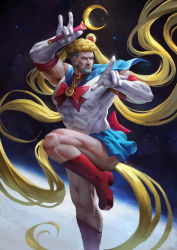 Rule 34 | 1boy, absurdly long hair, absurdres, bishoujo senshi sailor moon, blonde hair, blue eyes, blue sailor collar, boots, cleft chin, cosplay, elbow gloves, facial hair, full body, gloves, highres, image sample, long hair, male focus, mars symbol, moon (ornament), moon stick, one-punch man, pointing, puri puri prisoner, red footwear, sailor collar, sailor moon, sailor moon (cosplay), sky, solo, star (sky), starry sky, stubble, twintails, very long hair, wand, wenfei ye, white gloves