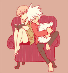 Rule 34 | 1boy, 1girl, black pants, blonde hair, book, closed eyes, couch, derogi, green eyes, green shirt, holding, holding book, hugging object, knees to chest, maka albarn, on couch, pants, pillow, pillow hug, reading, red shirt, shirt, short shorts, shorts, sleeping, sleeping on person, soul eater, soul evans, twintails, white hair
