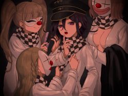 Rule 34 | 1boy, 3girls, black headwear, blonde hair, breasts, checkered clothes, checkered neckwear, checkered scarf, cleavage, clown mask, danganronpa (series), danganronpa v3: killing harmony, hair between eyes, hair straightener, hat, highres, long sleeves, mask, multiple girls, open clothes, open mouth, oma kokichi, purple eyes, purple hair, renshu usodayo, scarf, simple background, straitjacket, twintails