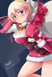 Rule 34 | 1girl, ammunition belt, artist name, bag, bell, blonde hair, blue background, blue eyes, bow, brave witches, breasts, carrying, closed mouth, collar, commentary request, cowboy shot, dress, dutch angle, elbow gloves, from side, fur collar, fur trim, gloves, haruhata mutsuki, jingle bell, looking at viewer, medium breasts, microdress, neck bell, nikka edvardine katajainen, oversized object, panties, pantyshot, red bow, red dress, red gloves, red panties, santa costume, short hair, signature, smile, solo, standing, twitter username, underwear, world witches series