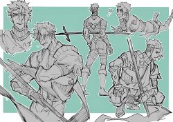 Rule 34 | 1boy, absurdres, achilles (fate), aged down, armor, blue background, boots, border, bug, butterfly, closed mouth, facing away, fate/apocrypha, fate (series), gauntlets, hair over one eye, hand on own leg, haruakira, highres, holding, holding polearm, holding weapon, insect, lying, male focus, mature male, monochrome, multiple views, on stomach, polearm, sash, shoulder armor, squatting, undercut, weapon, weapon behind back, white border