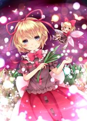 Rule 34 | 1girl, blonde hair, bow, chikuwa savy, commentary, danmaku, fairy wings, flower, gradient background, grey eyes, hair bow, hair ribbon, highres, lily of the valley, looking at viewer, medicine melancholy, mini person, minigirl, puffy short sleeves, puffy sleeves, ribbon, shirt, short hair, short sleeves, skirt, smile, spell, su-san, touhou, wings