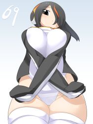 Rule 34 | 1girl, black eyes, black hair, black jacket, blue background, blush, breasts, breasts squeezed together, closed mouth, commentary request, cowboy shot, crossed arms, emperor penguin (kemono friends), expressionless, from below, gradient background, hair between eyes, hair over one eye, headphones, highres, jacket, kemono friends, large breasts, lets0020, long bangs, looking at viewer, multicolored hair, numbered, one-piece swimsuit, open clothes, open jacket, orange hair, short hair, solo, streaked hair, swimsuit, thighhighs, white one-piece swimsuit, white thighhighs