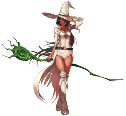 Rule 34 | 1girl, absurdres, belt, black belt, black hair, boots, borrowed character, breasts, dark-skinned female, dark skin, dress, full body, green eyes, hand on headwear, hat, highres, kainown, long hair, looking at viewer, medium breasts, original, revealing clothes, short dress, shrug (clothing), simple background, smile, solo, staff, standing, star (symbol), thigh boots, thighhighs, very long hair, white background, white dress, white footwear, white hat, white witch (lack), wind, witch, witch hat