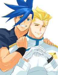 Rule 34 | 2boys, asymmetrical hair, bad id, bad pixiv id, blonde hair, blue eyes, blue hair, bracelet, buzz cut, close-up, closed eyes, collared shirt, galo thymos, gloves, hand on shoulder, holding hands, hug, jewelry, kray foresight, long sleeves, looking at viewer, male focus, multiple boys, muscular, muscular male, promare, sake (kadai), shirt, short hair, shoulder pads, sidecut, smile, spiked hair, undercut, very short hair