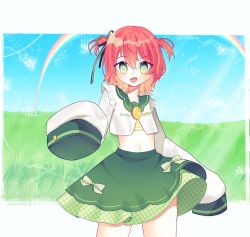 Rule 34 | + +, 1girl, :d, blue sky, cropped shirt, fang, fuyo cloverfield, green eyes, green skirt, highres, idol corp, long sleeves, looking at viewer, medium hair, milmikut, navel, open mouth, pink hair, rainbow, shirt, short twintails, skin fang, skirt, sky, smile, symbol-shaped pupils, twintails, virtual youtuber, white shirt