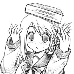 Rule 34 | 00s, 1girl, :o, book, book on head, folded ponytail, greyscale, komaki manaka, long sleeves, looking at viewer, lowres, monochrome, object on head, parted lips, school uniform, simple background, solo, sweatdrop, to heart (series), to heart 2, white background