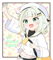 Rule 34 | 1girl, :d, a.i. voice, bag, beret, blonde hair, commentary request, commission, floral background, green eyes, green hair, hair ornament, hairclip, hat, midriff peek, mitya, multicolored hair, navel, open mouth, outstretched arm, sailor collar, shirt, shoulder bag, single hair intake, skeb commission, skirt, smile, solo, streaked hair, thank you, tsunose kotone, tsunose kotone (tsubomi), twitter username, white background, white hat, white sailor collar, white shirt, white skirt