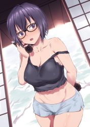 Rule 34 | 1girl, black-framed eyewear, black shirt, blush, bottle, breasts, camisole, cleavage, commentary request, dutch angle, frown, glasses, grey shorts, groin, highres, holding, holding bottle, indoors, inu (aerodog), medium breasts, open mouth, original, purple eyes, purple hair, shirt, short hair, short shorts, shorts, shouji, sliding doors, solo, standing, strap slip