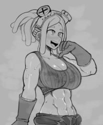 Rule 34 | 1girl, abs, bare shoulders, blush, boku no hero academia, breasts, cleavage, collarbone, gloves, goggles, goggles on head, grey background, greyscale, hatsume mei, large breasts, monochrome, ragingbarbarians, sleeveless, smile, solo, sweat, tank top, toned, unusual pupils