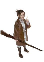 Rule 34 | 1girl, armband, boots, brown eyes, brown hair, child, coat, from side, gabi braun, gewehr 88, gun, highres, holding, holding gun, holding weapon, index finger raised, looking ahead, luguoadeli (maple12031), marley military uniform, open mouth, ponytail, rifle, shingeki no kyojin, short hair, solo, thick eyebrows, weapon