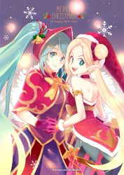 Rule 34 | 2girls, :d, aa2233a, alternate costume, alternate hair color, ambitious elf jinx, aqua hair, bell, blonde hair, blue eyes, capelet, choker, english text, gloves, hair bun, hat, holding hands, jinx (league of legends), league of legends, long hair, looking at viewer, merry christmas, multiple girls, open mouth, pointy ears, red choker, red gloves, santa costume, santa hat, silent night sona, single hair bun, smile, snowflakes, sona (league of legends), standing, twintails, watermark, web address
