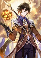 Rule 34 | 1boy, black gloves, brown hair, closed mouth, cloud, cloudy sky, collared shirt, dated, earrings, eyeliner, eyeshadow, floating, floating object, formal, genshin impact, gloves, gradient hair, hair between eyes, highres, holding, holding polearm, holding spear, holding weapon, jacket, jewelry, long hair, long sleeves, looking at viewer, makeup, male focus, mountain, multicolored hair, necktie, orange hair, outdoors, polearm, ponytail, red eyeshadow, shirt, single earring, sky, solo, spear, suit, tassel, tassel earrings, thumb ring, wangqi, weapon, yellow eyes, zhongli (genshin impact)