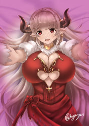 Rule 34 | 10s, 1girl, alicia (granblue fantasy), breasts, center opening, cleavage, cleavage cutout, clothing cutout, cross, cross earrings, draph, earrings, elbow gloves, from above, gloves, granblue fantasy, highres, horns, huge breasts, jewelry, kuga zankurou, long hair, looking at viewer, lying, mature female, on back, open mouth, pointy ears, reaching, reaching towards viewer, red eyes, silver hair, solo, underboob, upper body, white gloves