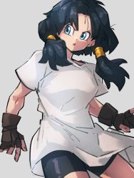 Rule 34 | 1girl, :o, bike shorts, black hair, blue eyes, brown gloves, dragon ball, dragonball z, gloves, grey background, kemachiku, looking to the side, shirt, short sleeves, simple background, t-shirt, twintails, videl, white shirt