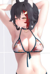 Rule 34 | 1girl, animal ear fluff, animal ears, armpits, arms behind back, arms up, bikini, black hair, blush, breasts, choker, closed mouth, front-tie bikini top, front-tie top, hair ornament, highres, hololive, hololive gamers, large breasts, leaf print, maple leaf print, multicolored hair, navel, no shirt, ookami mio, ookami mio (hololive summer 2019), print bikini, red hair, solo, streaked hair, swimsuit, underboob, virtual youtuber, wolf ears, wolf girl, xiaodong327399, yellow eyes