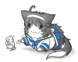 Rule 34 | 10s, :3, admiral (kancolle), ahoge, animal ears, animalization, blue skirt, cat, cat ears, cat tail, colored pencil (medium), commentary request, dainamitee, hairband, hat, headband, kantai collection, mouse, mouse (animal), necktie, no humans, non-human admiral (kancolle), o o, pleated skirt, remodel (kantai collection), school uniform, serafuku, simple background, skirt, tail, traditional media, translation request, ushio (kancolle), white background