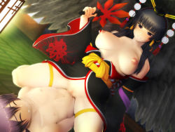 Rule 34 | 1boy, 1girl, age difference, assertive female, bare shoulders, black hair, black kimono, black wings, blunt bangs, blush, breasts, breasts apart, censored, cowgirl position, dead or alive, dead or alive 5, detached sleeves, dutch angle, feathered wings, functionally nude, girl on top, hair tubes, hairband, hat, hetero, hime cut, indoors, japanese clothes, kimono, long hair, long sleeves, looking at another, medium breasts, mole, mole under mouth, mosaic censoring, mura no ikinokori, nipples, no bra, no panties, nose blush, nude, nyotengu, obi, off shoulder, on floor, open clothes, open kimono, parted lips, purple eyes, purple hair, pussy, sash, sex, skindentation, smile, spread legs, straddling, tatami, thigh strap, tokin hat, vaginal, wide sleeves, wings