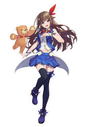 Rule 34 | 1girl, :d, absurdres, ankimo (tokino sora), ankle boots, arm at side, black thighhighs, blue eyes, blue footwear, blue ribbon, blue skirt, blue vest, boots, bow, bowtie, breasts, brown hair, collared shirt, cropped shirt, cropped vest, diamond hair ornament, fold-over boots, full body, groin, hair flaps, hair ornament, hair ribbon, hairclip, hand on own chest, high heel boots, high heels, highres, hololive, idol, impossible clothes, impossible shirt, impossible vest, leg ribbon, long hair, looking at viewer, medium breasts, midriff, miniskirt, navel, open mouth, pleated skirt, red bow, red bowtie, red ribbon, ribbon, shirt, simple background, skirt, sleeveless, sleeveless shirt, smile, solo, star (symbol), star hair ornament, stuffed animal, stuffed toy, teddy bear, thigh ribbon, thighhighs, toga (toganawa), tokino sora, tokino sora (1st costume), vest, virtual youtuber, waist cape, white background, white shirt, winged footwear, wrist cuffs