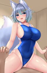 Rule 34 | 1boy, 1girl, :d, animal ears, blue eyes, blush, breasts, clothed sex, clothing aside, competition swimsuit, covered navel, fox ears, fox girl, fox tail, grey hair, hair ornament, hairclip, hetero, highres, holding hands, indoors, interlocked fingers, large breasts, medium hair, one-piece swimsuit, open mouth, original, pov, sideboob, smile, sogaya, swimsuit, swimsuit aside, tail, tight clothes, vaginal