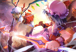 Rule 34 | 2girls, bad id, bad pixiv id, bat wings, battle, blonde hair, building, female focus, flandre scarlet, hat, laevatein, light purple hair, looking at another, multiple girls, red eyes, remilia scarlet, serious, short hair, skirt, spear the gungnir, thighhighs, touhou, white legwear, wings, wrist cuffs, zettai ryouiki, zhuxiao517